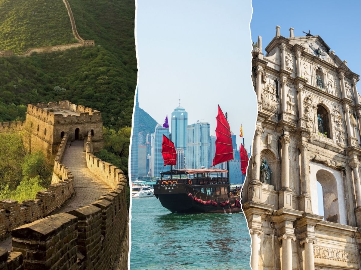 China, Hong Kong, and Macau cityscapes with prepaid travel eSIM providing reliable mobile data connectivity.