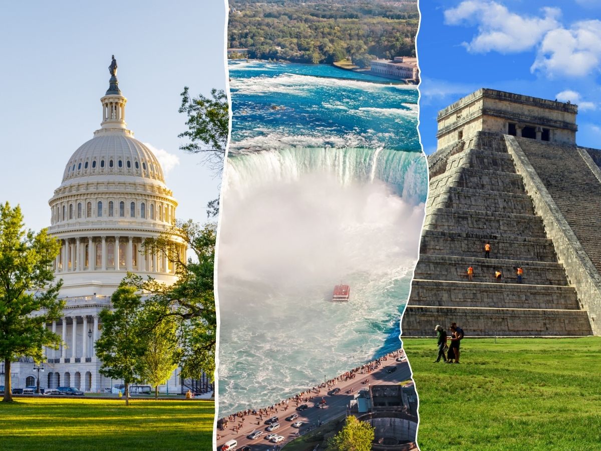 USA, Canada, and Mexico cityscapes and landmarks with prepaid travel eSIM providing reliable mobile data connectivity.