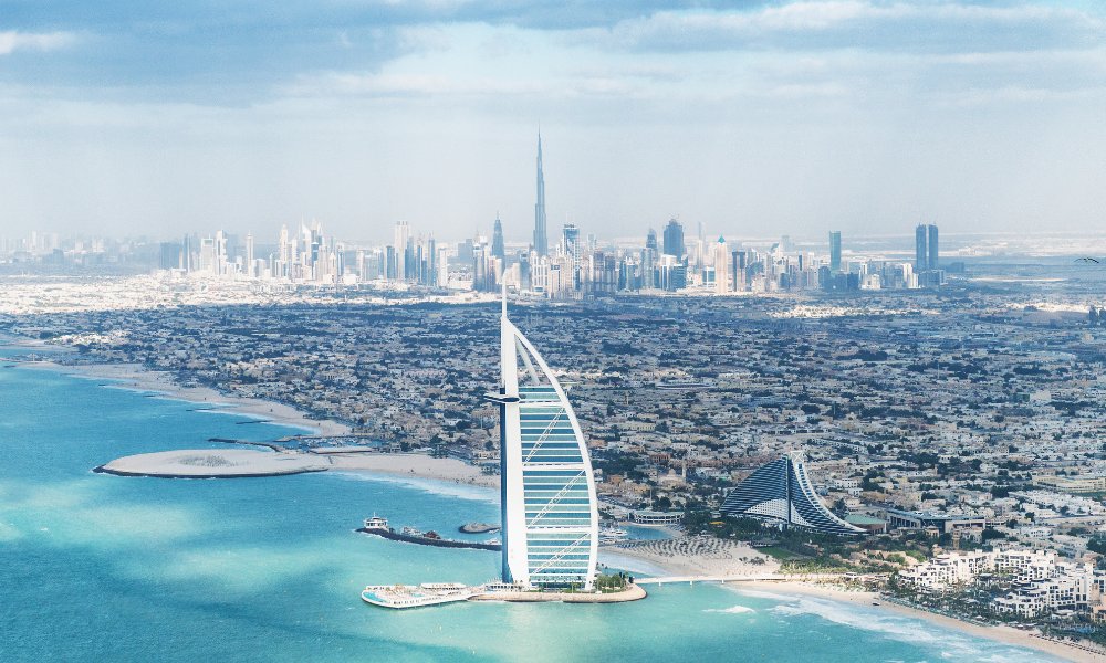 Arab Emirates skyline or landscape with prepaid travel eSIM providing fast mobile data connectivity