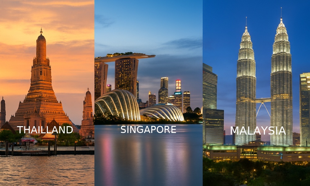 Asia 3 Countries travel eSIM with prepaid mobile data covering Thailand, Singapore, and Malaysia for seamless connectivity