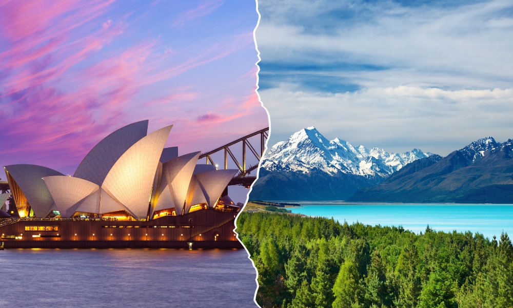 Australia / New Zealand skyline or landscape with prepaid travel eSIM providing fast mobile data connectivity